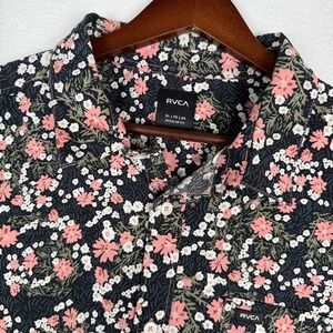 RVCA Mens XL Short Sleeve Button Up Black Pink Floral AOP Shirt Chest Pocket